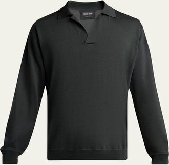 Giorgio Armani Mens Silk and Cotton Knit Johnny Collar Polo Sweater