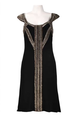 Theia Scoop Neck Mixed Bead Trim Detail High Low Crepe Dress In Black