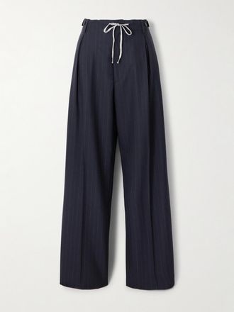 Maison Margiela Pantaloni Gessati A Gamba Larga In Lana Con Pinces - Blu