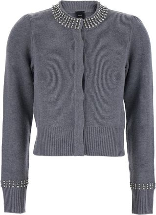 Pinko Grey Cardigan With Crystal Embellishments And Logo Patch On The Back In Cashmere Woman