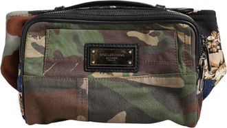 Dolce & Gabbana Mens Multicolor Camouflage Patchwork Logo Waist Fanny Pack Bag Cotton Leather Viscose