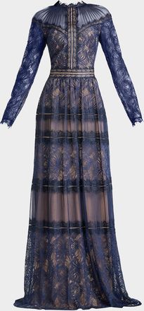 Tadashi Shoji Debore Orchid Illusion Long-Sleeve Gown