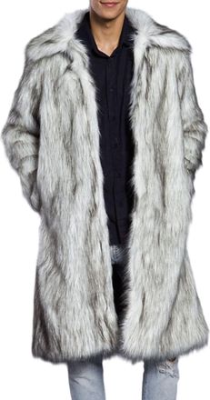 Generic Long Faux Fur Coat Men Warm Furry Jacket Open Front Thermal Cardigan Shaggy Outerwear Winter Parka Overcoat White Gray XX-Large
