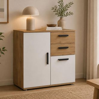 Dmora Credenza Leretifa, Aparador Con 2 Cajones, Estante, Apertura Batiente, Corredera, 71x33x75h Cm Roble Marr&oacute;n