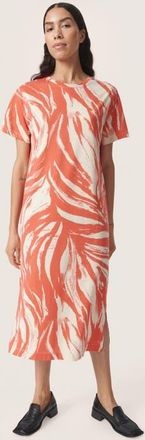 Soaked In Luxury Eva Short Sleeve Crew Neck Midi Dress in Hot Coral Wave at Nordstrom, Size X-Small