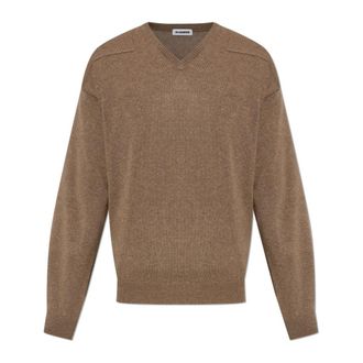 Jil Sander V-neck Knitwear, male, Brown, Size: XL Wool V-neck Sweater