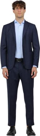 Santaniello Stretch wol micro damier jurk - Heren - Business pakken - Blauw - L - Wol - Kostuums