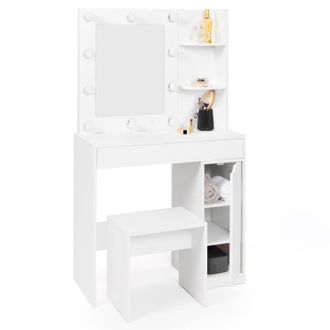 IDMarket Idmarket - Mobiletto Zelia Con Specchio Led, 1 Cassetto, Ripiani, Contenitore E Sgabello