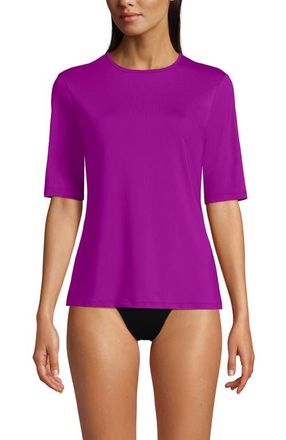 Lands End Elbow Sleeve Relaxed UPF 50 Rash Guard in Crimson Rose Mini Stripe at Nordstrom, Size Medium P