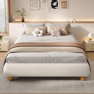 Merax Beige Boucl&eacute; 4ft6 Double Low Platform Bed Frame