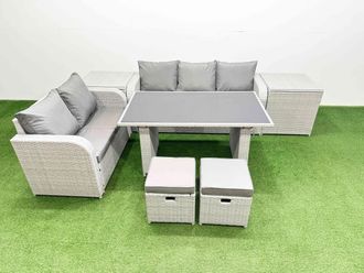 Fimous Garden Furniture Set with Rectangular Dining Table 2 Small Stool in Light Grey