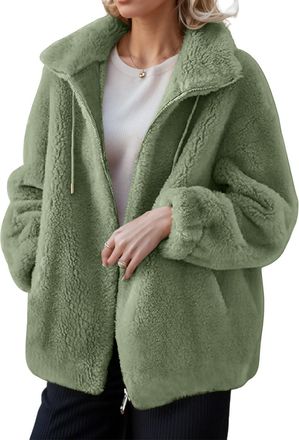 Generic Womens Fuzzy Teddy Jacket Full Zip, Oversized Fleece Hoodie with Pockets, Fluffy Winter Jumper Coat for Women, Warm Casual Sherpa Zip Jacket, Soft Fle