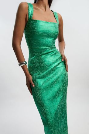 Karen Millen Womens Foil Metallic Figure Form Strappy Knit Maxi Dress - Green - Size 14 UK