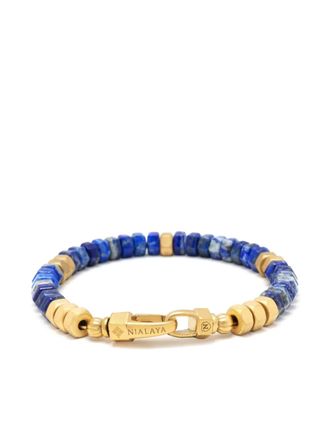 Nialaya bead-detailing bracelet - men - Lapis Lazuli/Yellow Gold Plated Stainless Steel - L - Blue