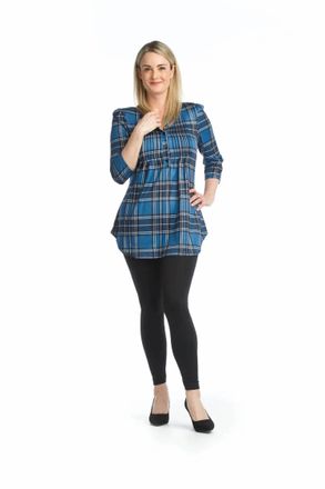 Papillon Plaid Pintuck Henley Sweater Tunic In Blue
