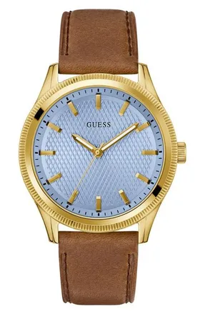 Guess Suit & Time Collection Ice Blue Leather Strap Watch, 44mm in Blue/brown at Nordstrom