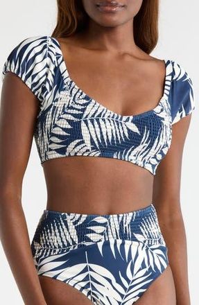 Hutch Smocked Puff Sleeve Bikini Top in Navy Paradise Foliage at Nordstrom Rack, Size X-Small