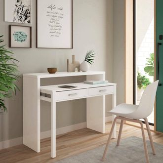 Dmora Dmora - Mesa Consola Damodi, Escritorio Con Tapa Extensible, Escritorio Para Pc Con 2 Cajones, 99x36h88 Cm, Blanco