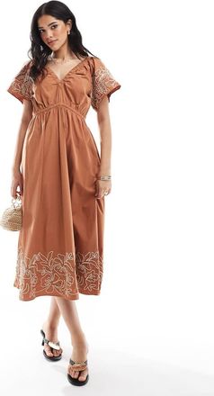 French Connection Cambria - Vestito midi in cotone ricamato marrone caffè