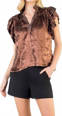 THML Clothing Flutter Sleeve Shimmery V Neck Top In Bronze