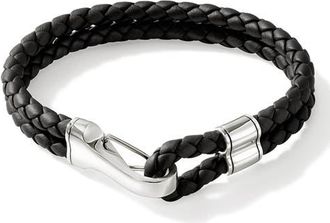 John Hardy Braided Leather Bracelet in Silver/Black at Nordstrom, Size X-Large