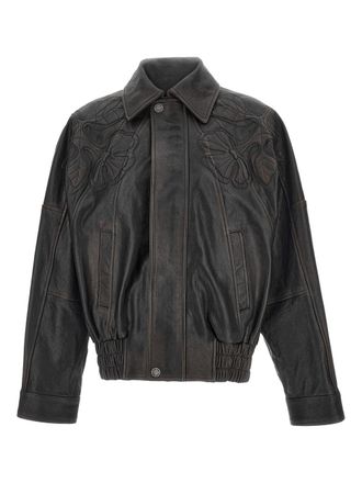 Golden Goose Brown Floral Embroidery Leather Leather Jacket
