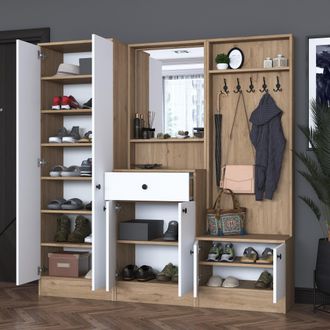 Dmora Mueble De Entrada Elmas, Espejo Incluido, Perchero, 11 Estantes, 179x36x183h Cm Blanco