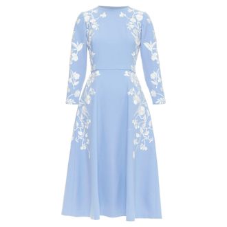 Oscar De La Renta 2019 blue white virgin wool floral embroidered dress US4 M