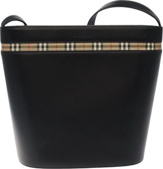 Burberry House Check Black Leather Shoulder Bag (Pre-Owned)