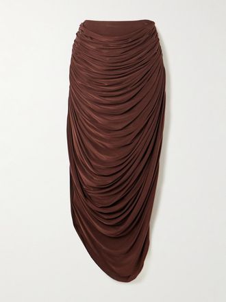 Danielle Frankel Gonna Midi In Jersey Satin Stretch Arricciato Vivienne - Marrone