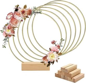 OEM Paquete De 6 Aros Florales De Metal De 30 Cm Con Soporte De Madera Para Mesa, Anillos De Corona Dorados Para Hacer Decoraciones De Coronas De Mesa De 