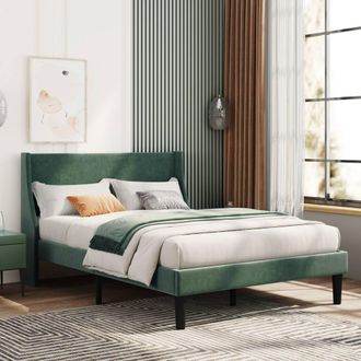 Merax 4ft6 Double Velvet Upholstered Wingback Bed Frame in Green