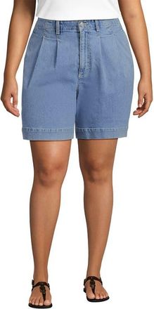 Lands End Plus Size Soft Denim High Rise 7 Pleated Trouser Shorts in Hutton Blue Wash at Nordstrom, Size 26W