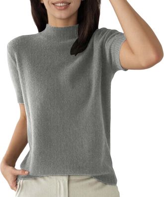 Generic Womens Short Sleeve Knitted Jumper with Stand-Up Collar, Fine Knit Top in Minimalist Style, Elegant and Soft Basic Top for Business and Leisure
