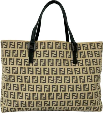 Fendi Beige Black Nylon Leather Handbag Tote Bag (Pre-Owned)