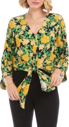 Karen Kane Floral Print Tie Front Top in Yellow Floral at Nordstrom, Size X-Small P