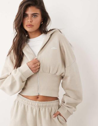 KAIIA Felpa con cappuccio in misto cotone color tortora cenere con cappuccio e zip stretta in vita con logo in metallo argentato in coordinato-Neutro