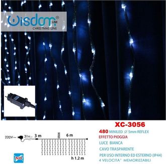 Trade Shop Trade Shop - Tenda Luminosa Natalizia 480 Mini Led Effetto Pioggia Luce Bianca Ip44 Xc-3056