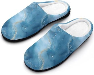 Generic Blue Gold Marble Mens Slippers Slip On Comfortable Fleece Cotton House Shoes Winter