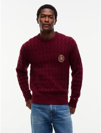 Tommy Hilfiger Mens Crest Logo Cable Knit Wool-Blend Sweater - Burgundy - XL