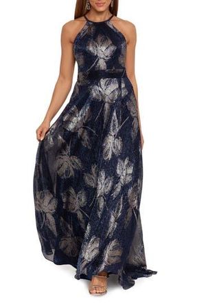 Betsy & Adam Metallic Sleeveless Gown in Navy/Gun at Nordstrom Rack, Size 4