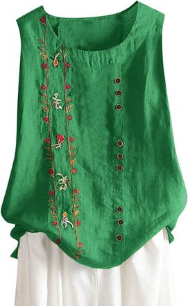 Generic HAOLEI Vest Tops Women UK Summer Cotton Linen Sleeveless T-Shirt Plus Size Loose Fit Floral Shirts Dandelion Embroidered Lounge Wear Baggy Dressy Casu