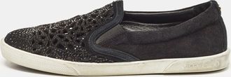 Jimmy Choo London Black Suede Crystal Embellished Cut-Out Slip On Sneakers