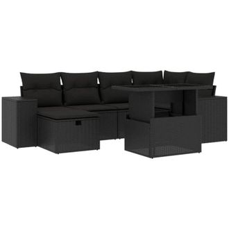 vidaXL Set De Sof&aacute;s De Jard&iacute;n 7 Pzas Con Cojines Rat&aacute;n Sint&eacute;tico Negro