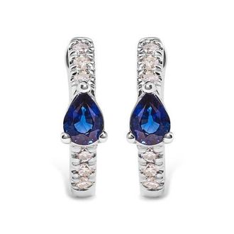 House of Brilliance 10K White Gold Pear Shaped Blue Sapphire and 1/10 Ct Diamond Huggy Hoop Earrings at Nordstrom