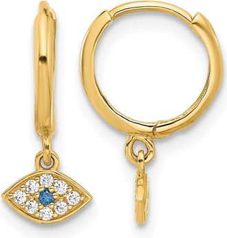Diamond2Deal 10K Yellow Gold White & Blue CZ Dangle Evil Eye Hoop Earring
