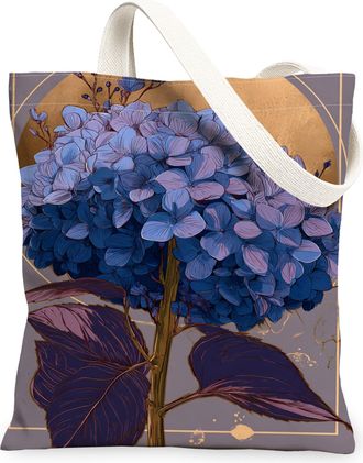 Generic Hydrangea Floral Canvas Tote Bags, Elegant Flower Print Reusable Shopping Bags, Vintage Artistic Lightweight Washable Shoul, Blue, 13x15 Inch