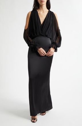 Ramy Brook Leesa Long Sleeve Mixed Media Gown in Black at Nordstrom, Size 10