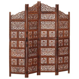 vidaXL Biombo 4 Paneles Tallado A Mano Madera Mango Marr&oacute;n 160x165 Cm Vidaxl