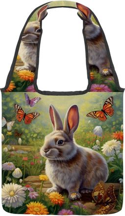 Generic Florals Rabbit Butterfly Reversible Canvas Shoulder Tote - Double-Sided Print, 12oz Cotton, 27cm Drop, Fold-Flat Bag for Travel, Shopping, Street Outi